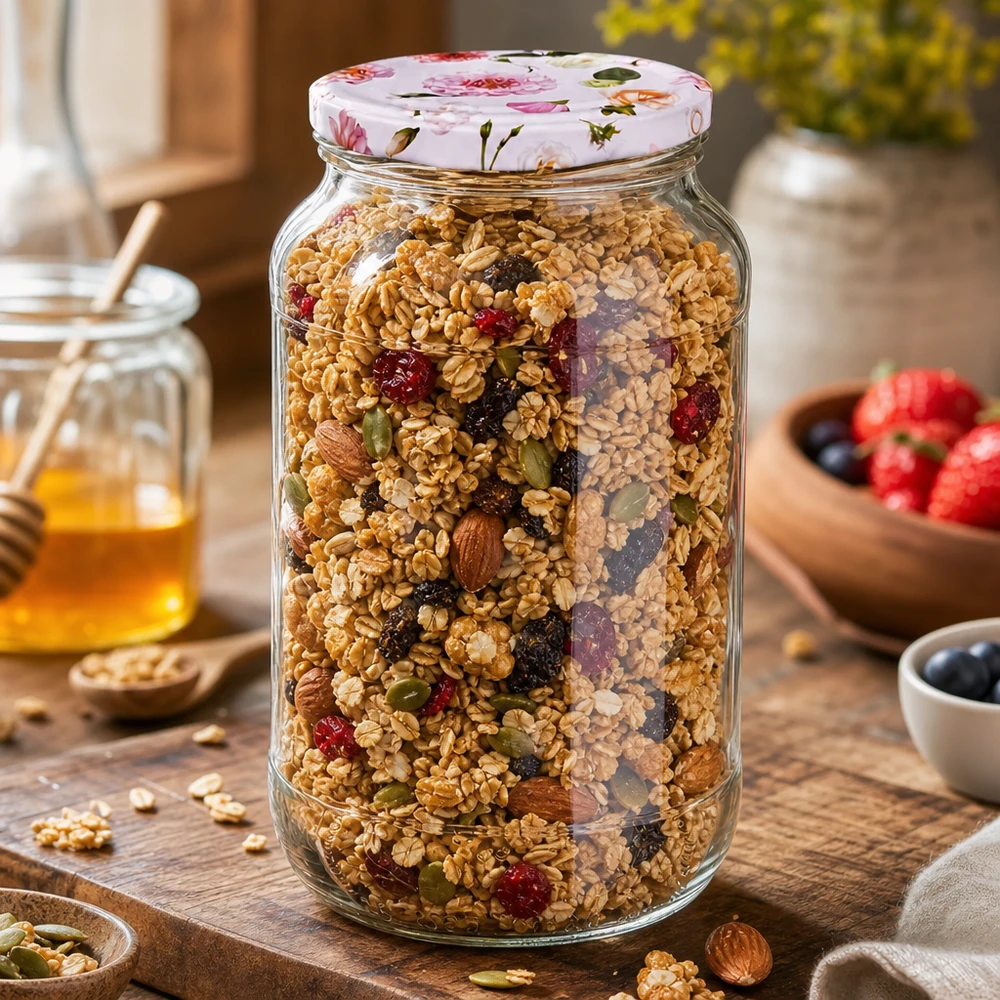 Vorratsglas 1062ml mit Müsli befüllt rosa Blumendeckel BasicSeal perfekt für trockene Lebensmittel Küchendeko