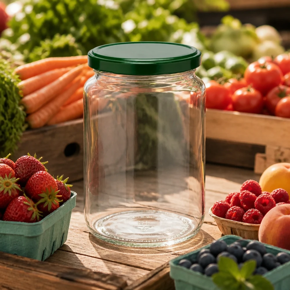 795ml kulatá sklenice + víčko BasicSeal zelené UNiTWIST Leeres 795ml Rundglas UNiTWIST mit grünem Deckel umgeben von frischen Beeren, Obst und Gemüse auf Holzuntergrund
