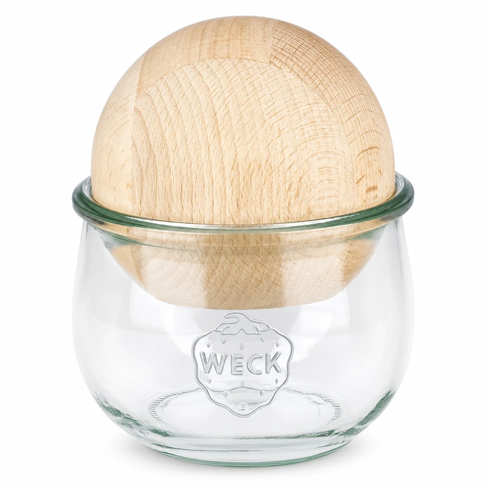 Tulipánová sklenice WECK RR100 o objemu 580 ml s kuličkou z bukového dřeva WECK Tulpenglas 580ml RR100 mit Holzkugel aus Buche als Deckel, Einmachglas mit Holzdeckel für Küche und Aufbewahrung