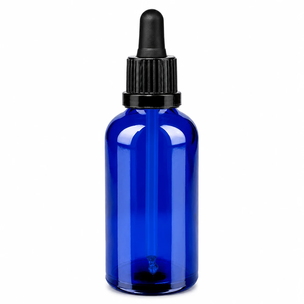 Kleine 50ml Pipettenflasche blau - schwarzer Tropfverschluss BlueLine UT18/50 aus robustem Glas