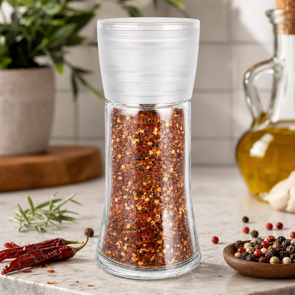 Sklenice na sůl/koření 95 ml s mlýnkem Vario bílá Nachfüllbares Salz- und Gewürzglas mit Mühle Vario weiss in Küchenumgebung mit Kräutern