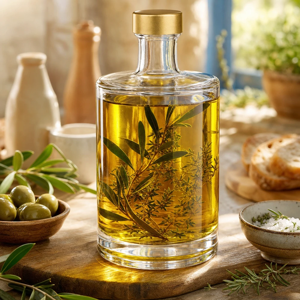 500ml Glasflasche "Sam" + Schraubverschluss gold UNiTWIST 500ml Glasflasche Sam mit Olivenöl und Kräutern befüllt goldener UNiTWIST Verschluss mediterrane Küche Oliven Salz