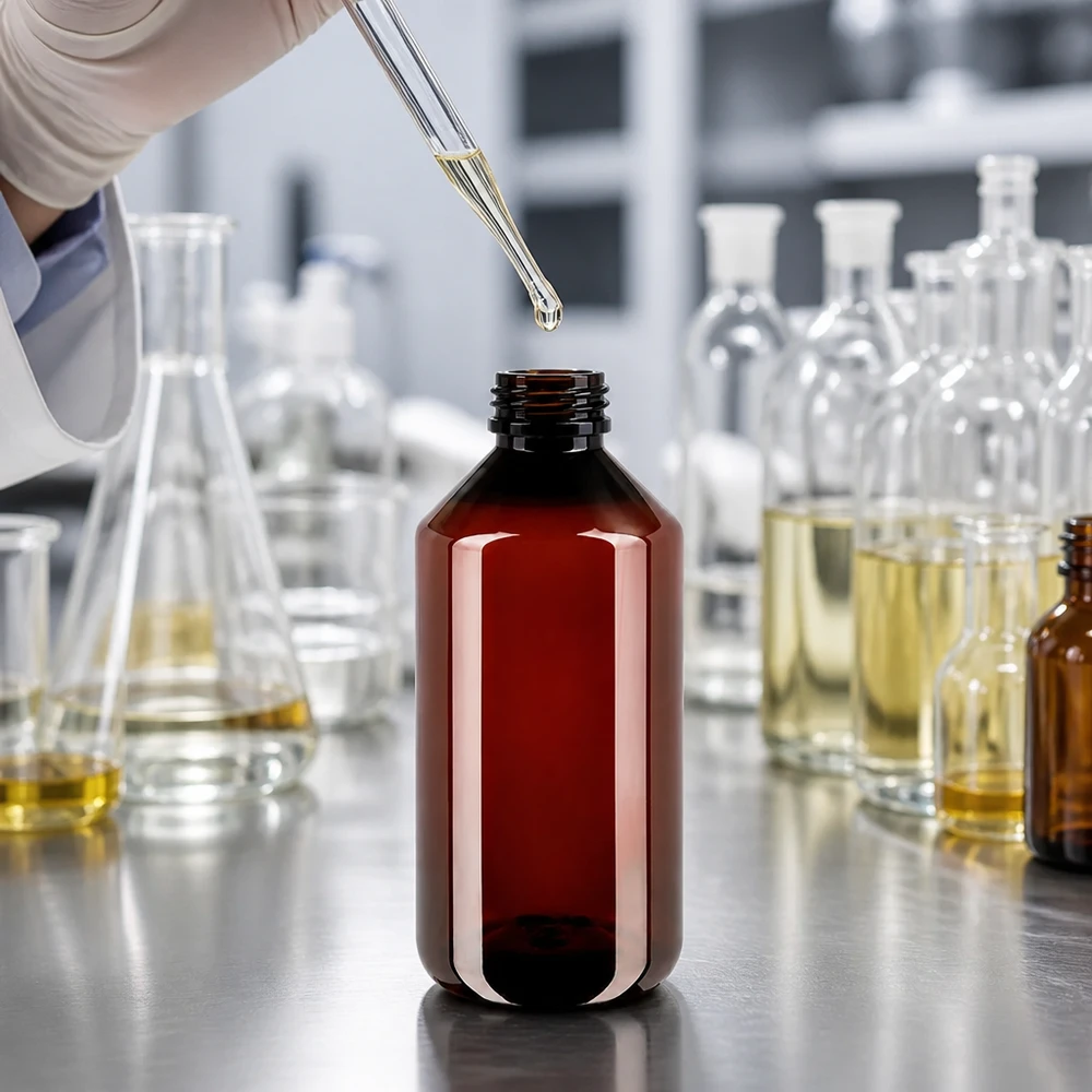 PET láhev 750ml se zeleným uzávěrem prokazatelným proti manipulaci. Hnědá PET láhev o objemu 750 ml se zeleným uzávěrem OV pro bezpečné skladování laboratorních kapalin
