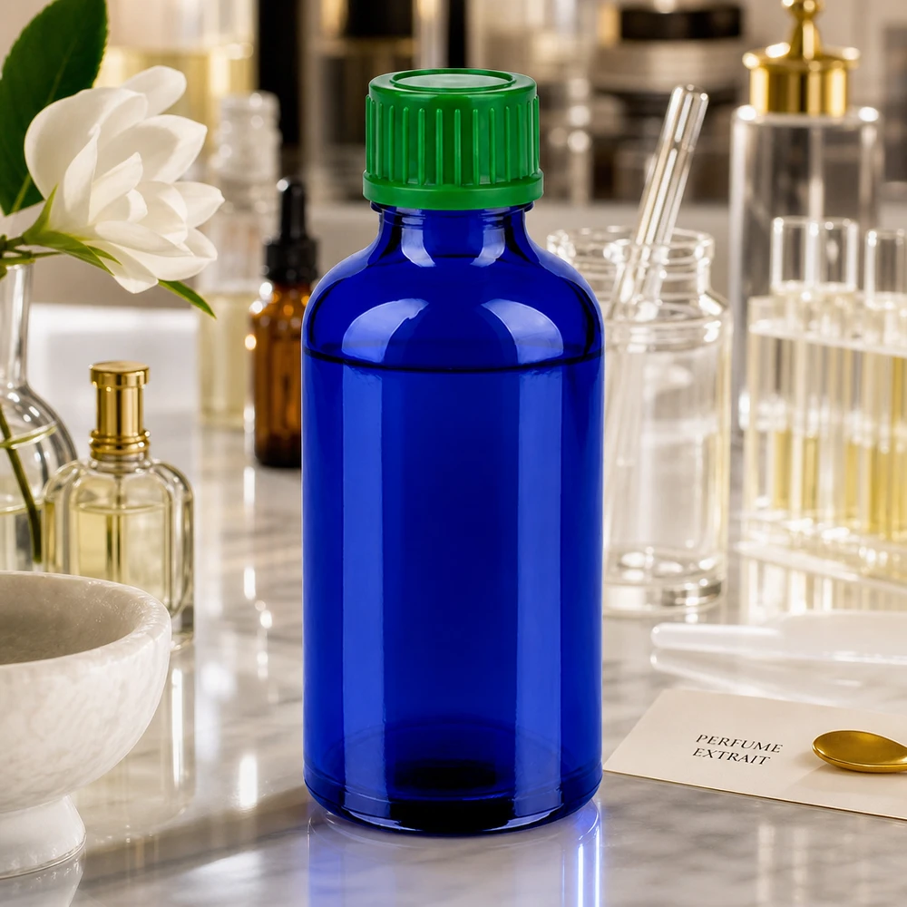 50ml BlueLine Glasflasche mit 11mm Öffnung und grünem Verschluss für Parfum und Aromamischungen