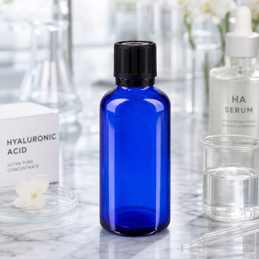 50ml Apothekerglas in Blau mit schwarzem Kindersicherheitsverschluss und Tropfeinsatz im Laborkontext