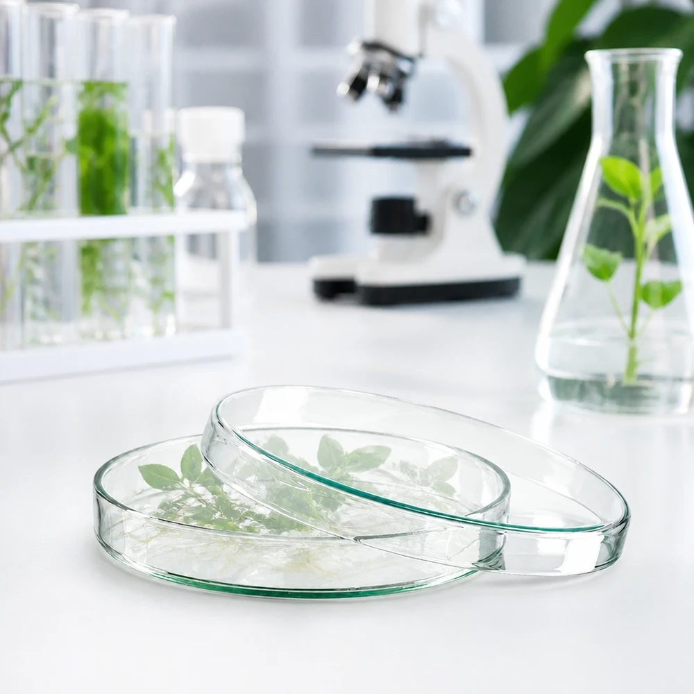 Petriho miska 120x20 mm skleněná Laborpetrischale Glas 120x20mm für botanische Gewebekultur mit Mikroskop und Erlenmeyerkolben
