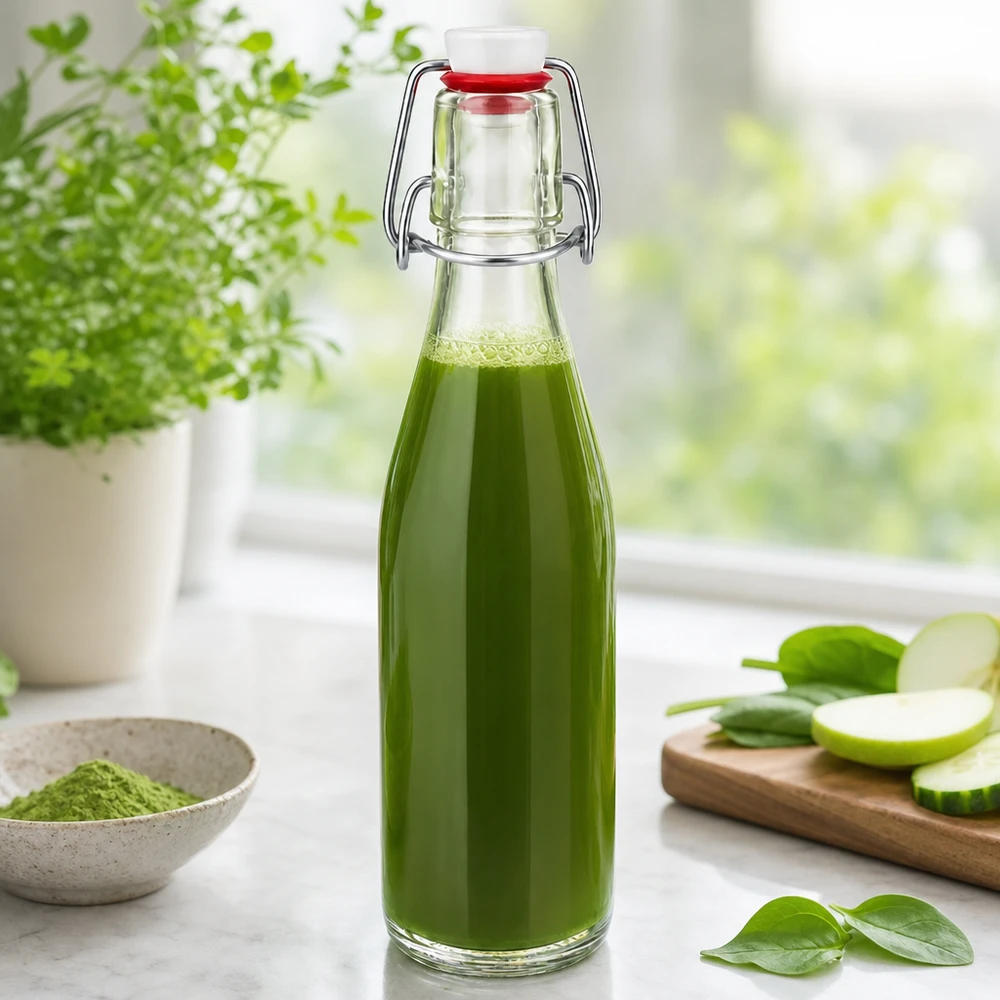 250ml Glasflasche mit Bügelverschluss gefüllt mit grünem Smoothie, dekoriert mit frischen Kräutern und Gemüse
