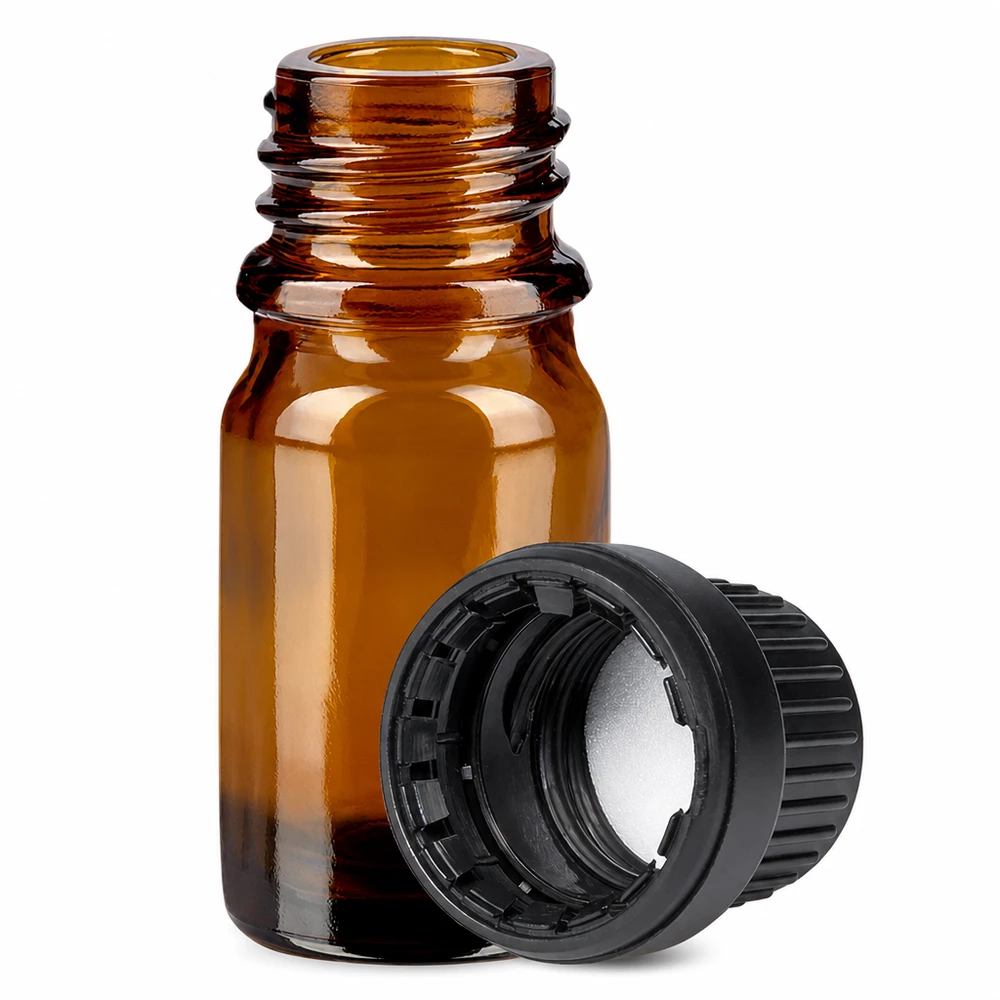 5ml láhev 11mm šroubovací uzávěr černý uzávěr s ochranou proti manipulaciII BrownLine UT18/5 Hochwertige 5ml Flasche aus Braunglas mit schwarzem Sicherheitsverschluss für Laboranwendungen