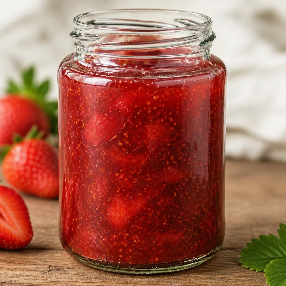 Kulatá sklenice o objemu 382 ml bez víčka (TO66) UNiTWIST Rundglas 382ml TO66 mit roter Erdbeermarmelade gefüllt neben frischen Erdbeeren auf Holztisch