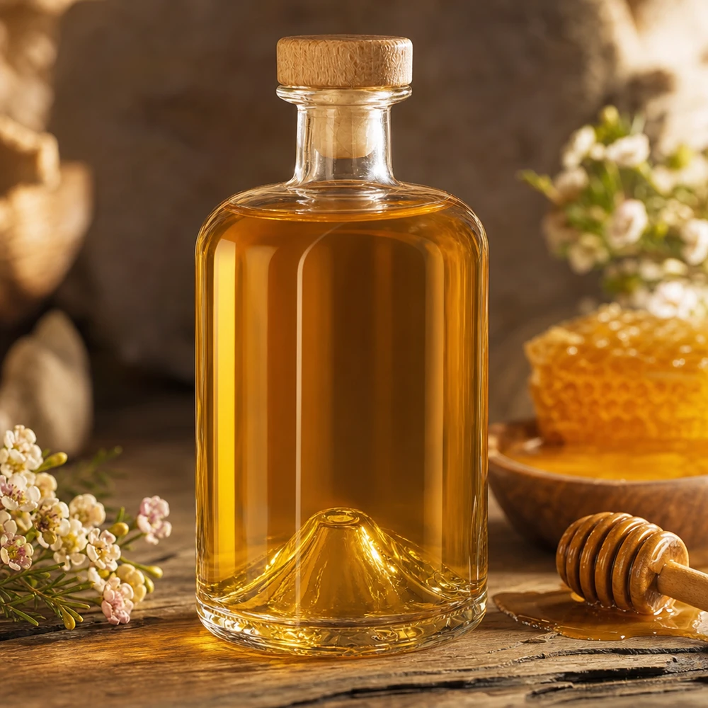 500ml Glasflasche Sofia mit Honig befüllt neben Bienenwabe und Honiglöffel auf rustikalem Holz mit Blütendeko