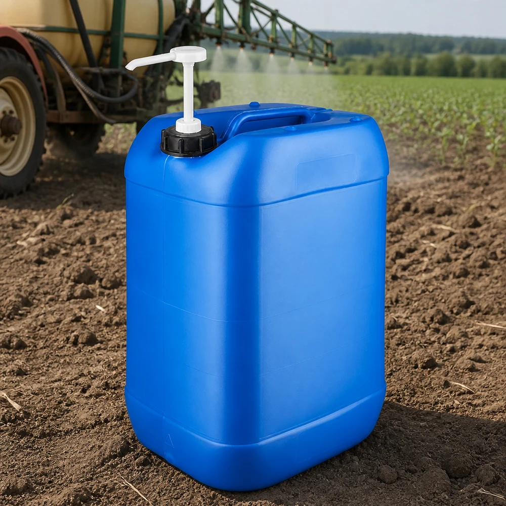 Rechteckiger blauer Flüssigkeitskanister 25 Liter mit Pumpaufsatz auf Ackerboden im Freien