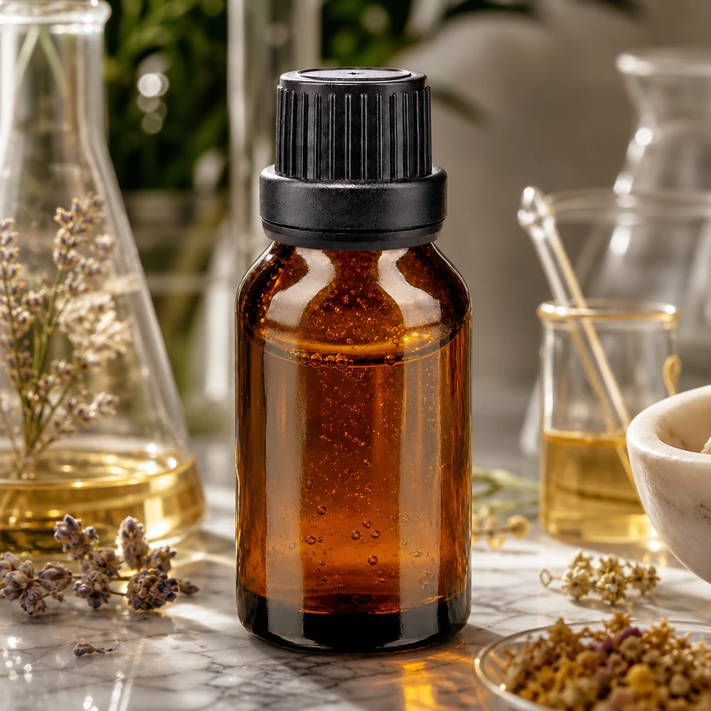 Dunkle Apothekerflasche aus Glas 30ml mit Lavendel Kamille und goldenen Flüssigkeiten