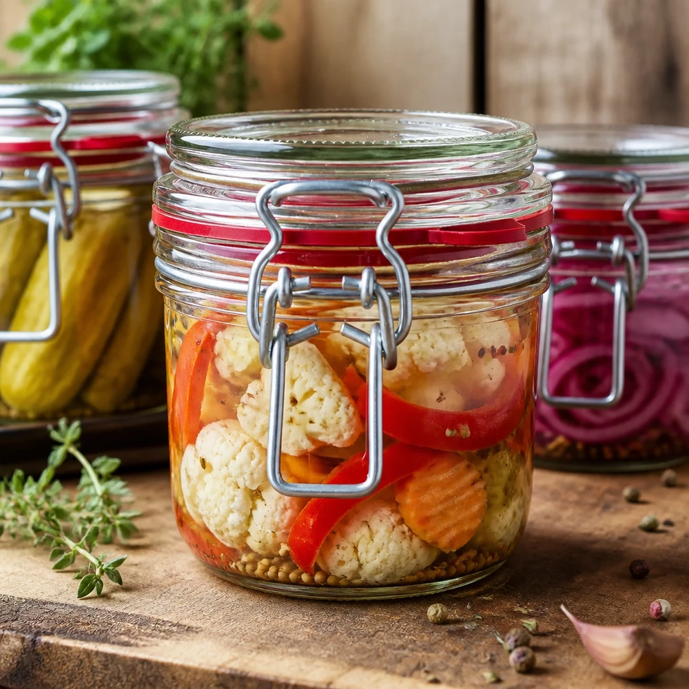 Skladovací sklenice o objemu 255 ml s gumovým kroužkem a výkyvným víčkem UNiTWIST. Traditionelles Einmachen in 255ml Vorratsgläsern mit Bügelverschluss - eingelegtes Gemüse für die Vorratshaltung