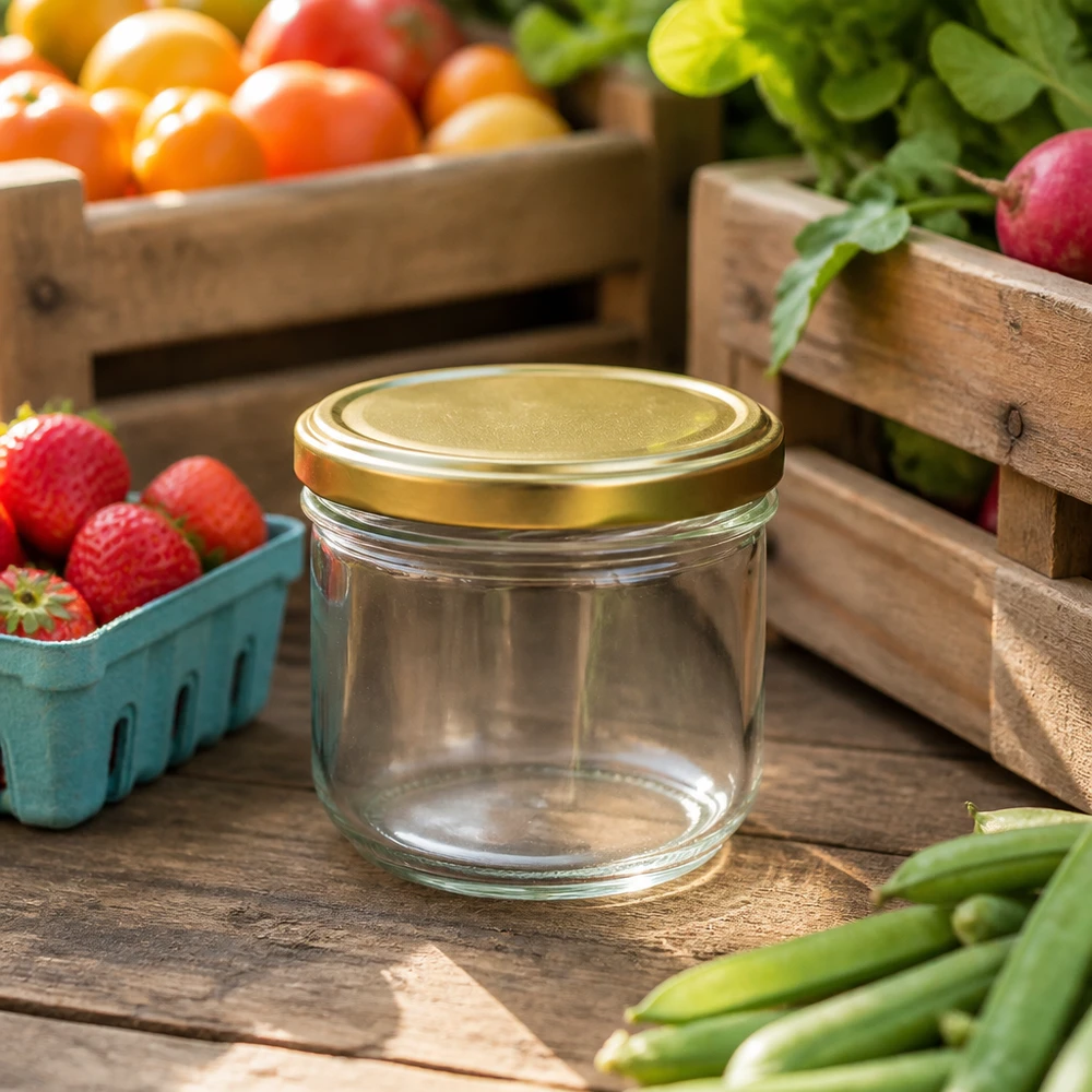 260ml Sturzglas BasicSeal gold UNiTWIST zwischen frischem Obst und Gemüse zeigt Eignung für Einmachgläser