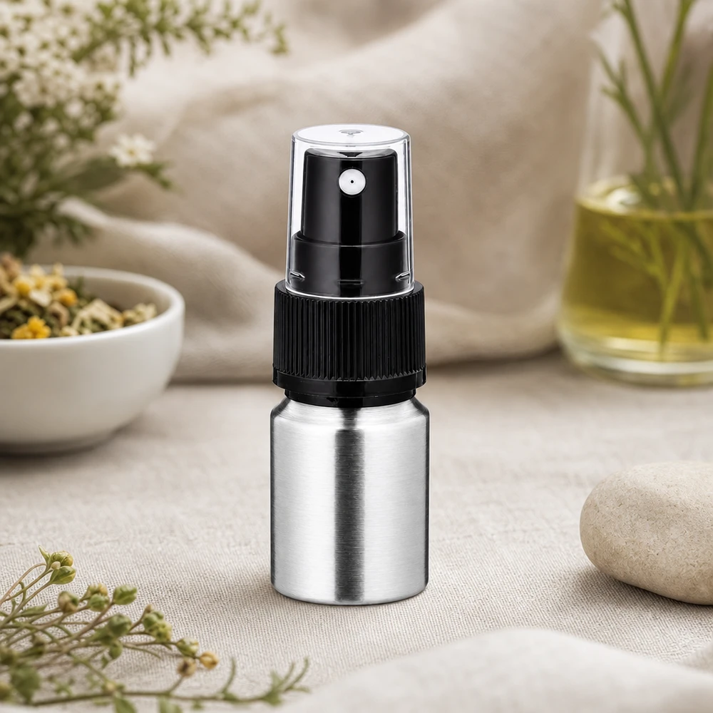 Stilvolle 10ml Metallflasche mit schwarzem Sprühaufsatz - modernes Design für Beauty-Routine