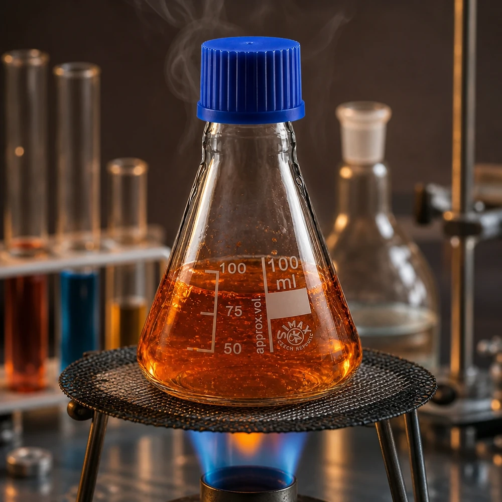 Erlenmeyerova baňka 100ml se šroubovacím uzávěrem Wissenschaftlicher Erlenmeyerkolben 100ml mit blauem Deckel für Forschung und Analyse