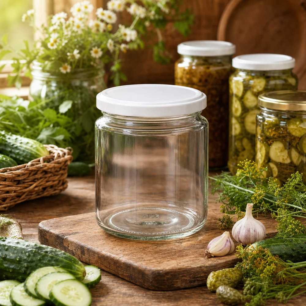 350g Honigglas + BasicSeal Deckel weiß UNiTWIST 250ml Honigglas leer mit weißem BasicSeal Deckel in rustikaler Einmachküche zwischen Gurken Knoblauch und Dill