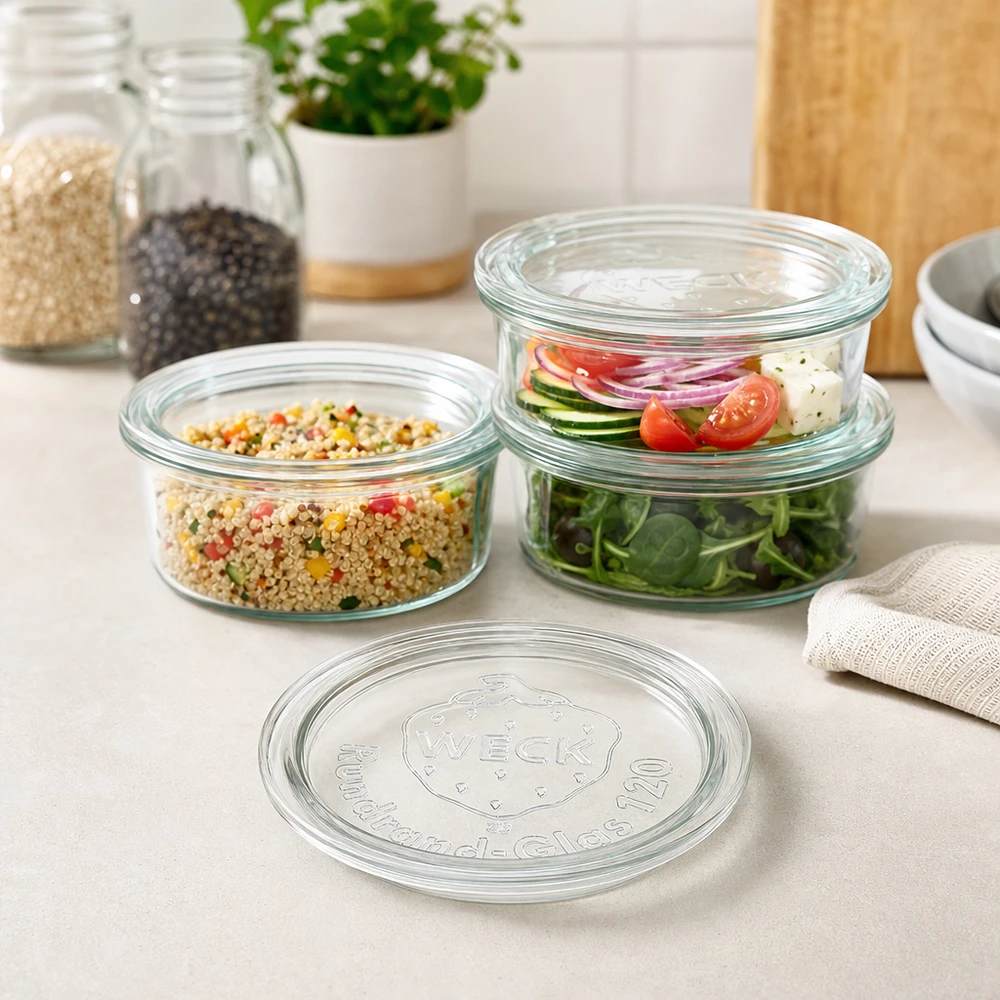 Skleněné víčko WECK RR120 WECK Glasdeckel RR120 in moderner Küche mit gefüllten Vorratsgläsern für Salat Quinoa und frische Zutaten