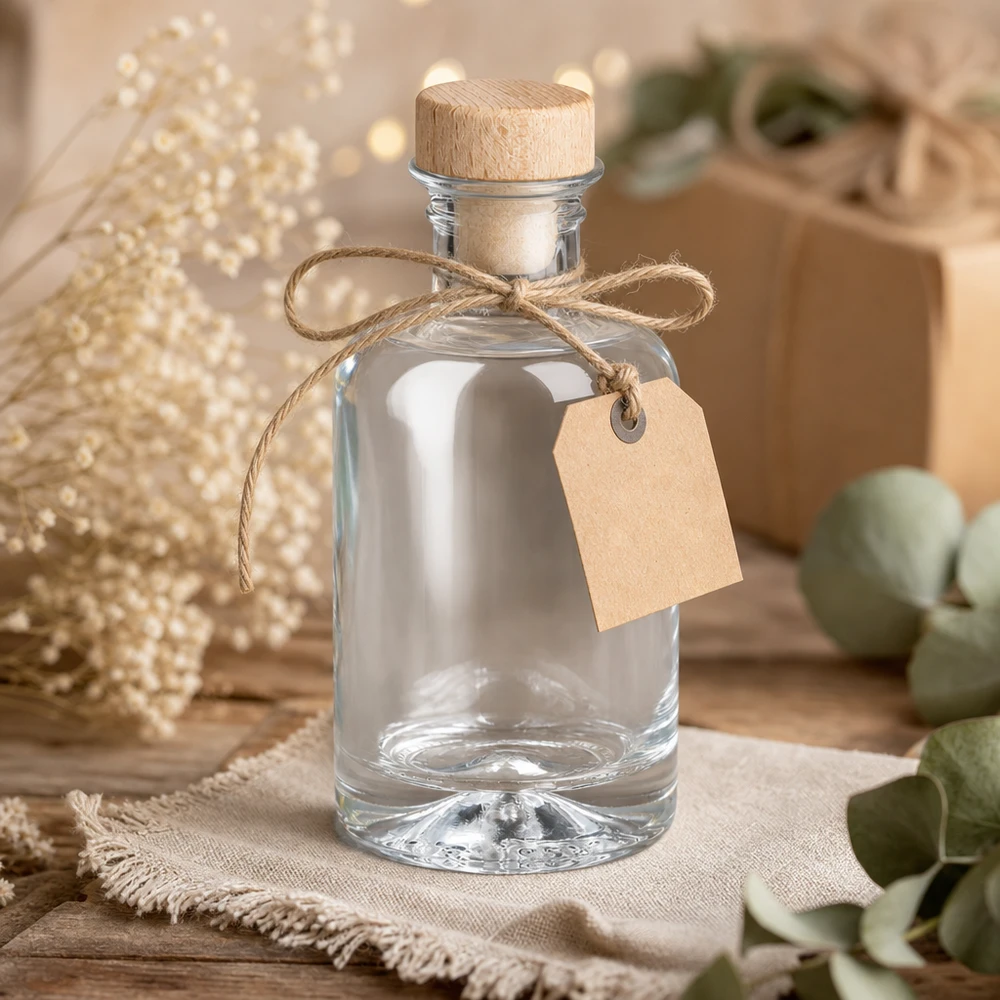 100ml Glasflasche "Sofia" mit Holzgriff-Korken UNiTWIST 100ml Glasflasche Sofia mit Holzkorken leer als Geschenk mit Kraftpapier Anhänger und Jute Band rustikale Dekoration