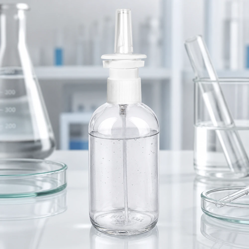 100ml lahvička na nosní sprej bílá/průhledný standardní uzávěr ClearLine UT18/100 100ml ClearLine Nasensprayflasche UT18 mit transparentem Nasenoliven-Aufsatz Detailansicht