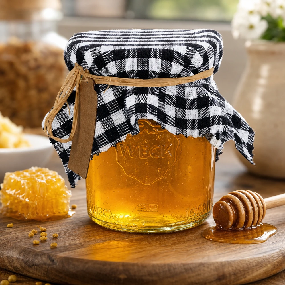 Látkový dekorační ubrousek s černým károvaným vzorem 15 cm čtvercový Honigbrot mit kariertem Schmuckdeckchen auf Weckglas und Honigwabe auf Holzbrett rustikale Küchendeko