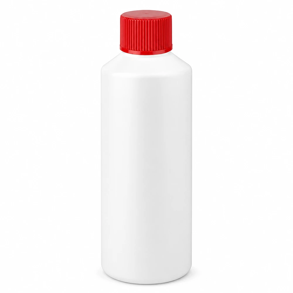 Bílá lékárenská lahvička z HDPE o objemu 100 ml s červeným šroubovacím uzávěrem z vysoce kvalitního plastu