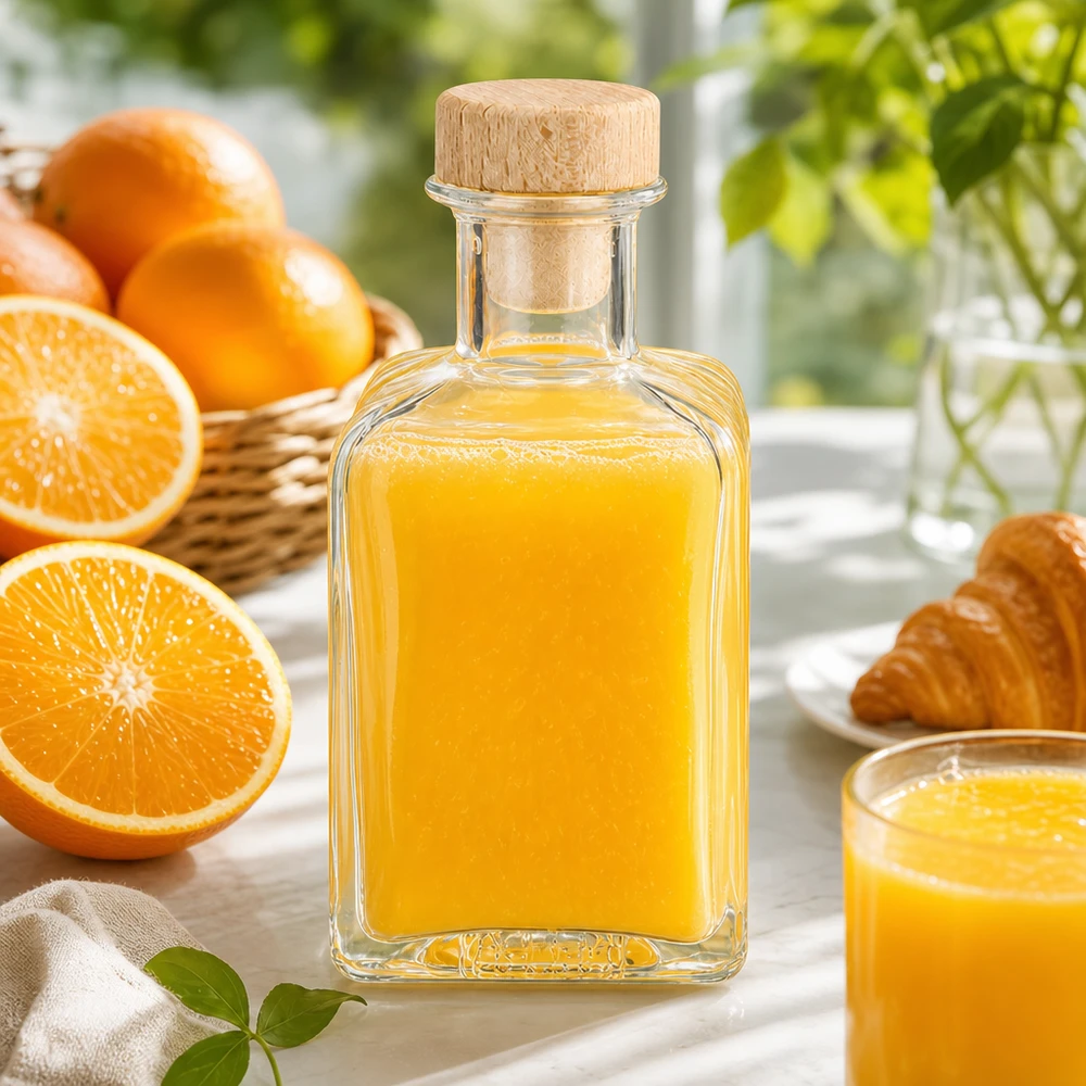 200ml Glasflasche Clara gefüllt mit Orangensaft Holzkorken Dekoration Küche frische Orangen breakfast styling