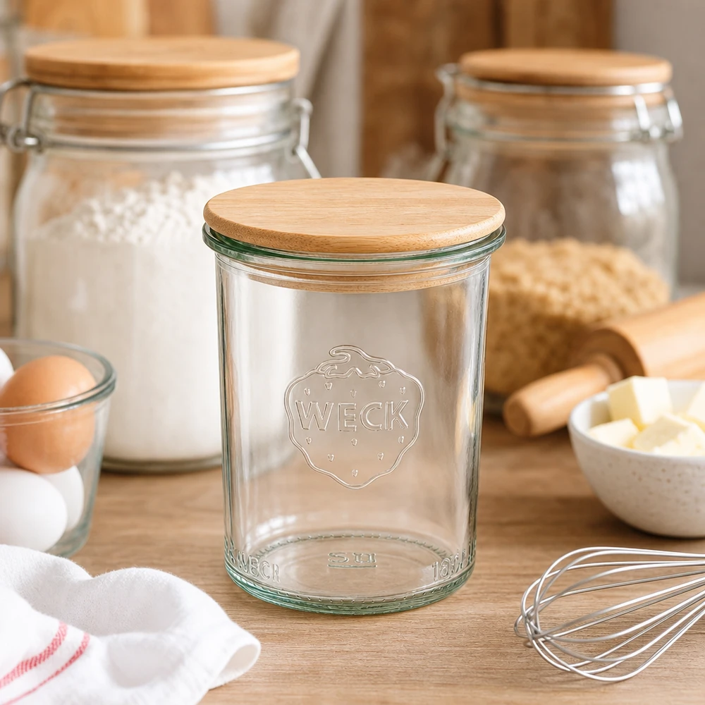 160ml kelímky WECK RR60 s dřevěným víčkem bukové barvy WECK Sturzglas 160ml RR60 mit Holzdeckel in rustikaler Küche zwischen Backzutaten und Kochutensilien
