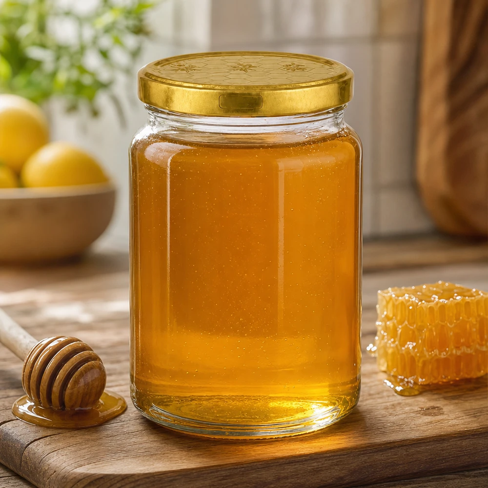795ml Rundglas mit Honig gefüllt neben Bienenwabe und Honiglöffel auf Holzbrett in warmer Küchenatmosphäre
