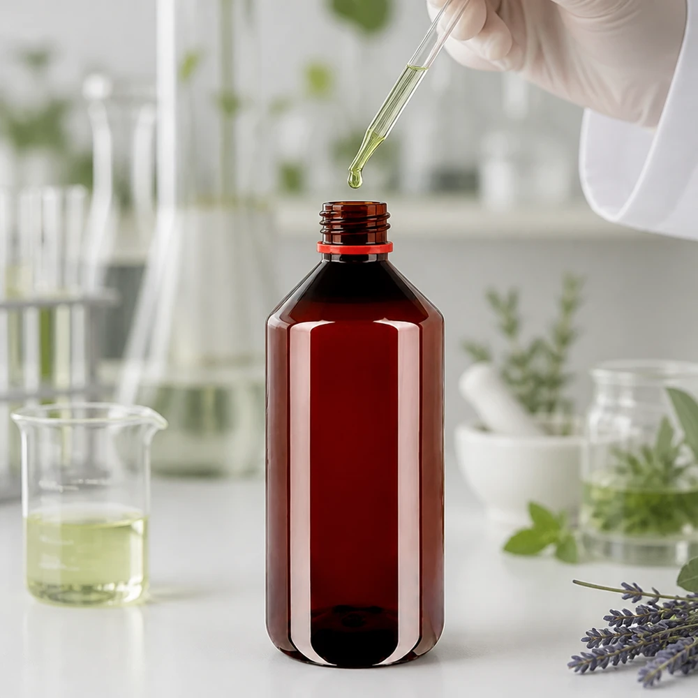 PET láhev 1000ml s bílým/červeným uzávěrem s ochranou proti manipulaci. Hnědá 1litrová PET láhev s červeným originálním uzávěrem v laboratorním prostředí s pipetou