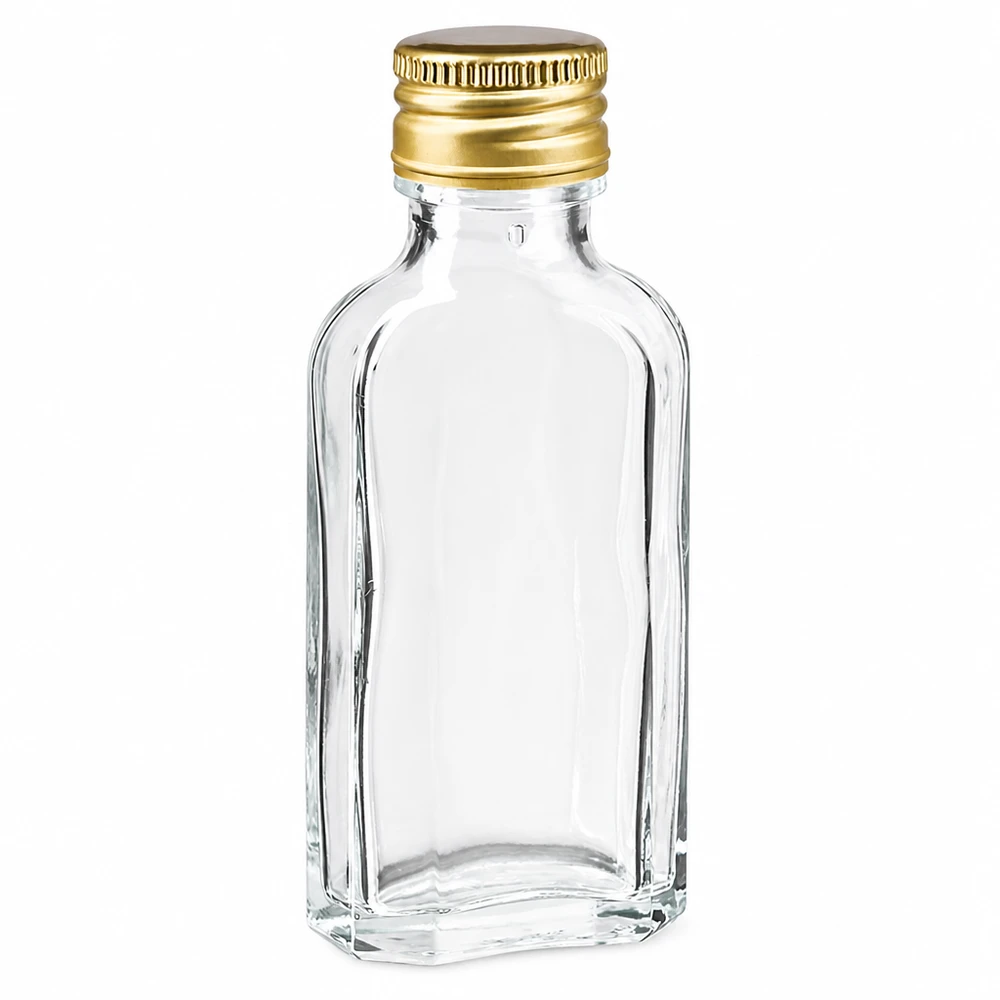 Klarglas Taschenflasche 50ml mit goldenem PP22 Aluverschluss ideal für Proben und Geschenke