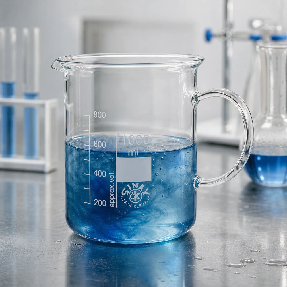 Kádinka 1000ml z borosilikátového skla, s rukojetí Laborglasware Becherglas 1000ml mit Glasgriff Ausgussnase und weißer Beschriftungsfläche