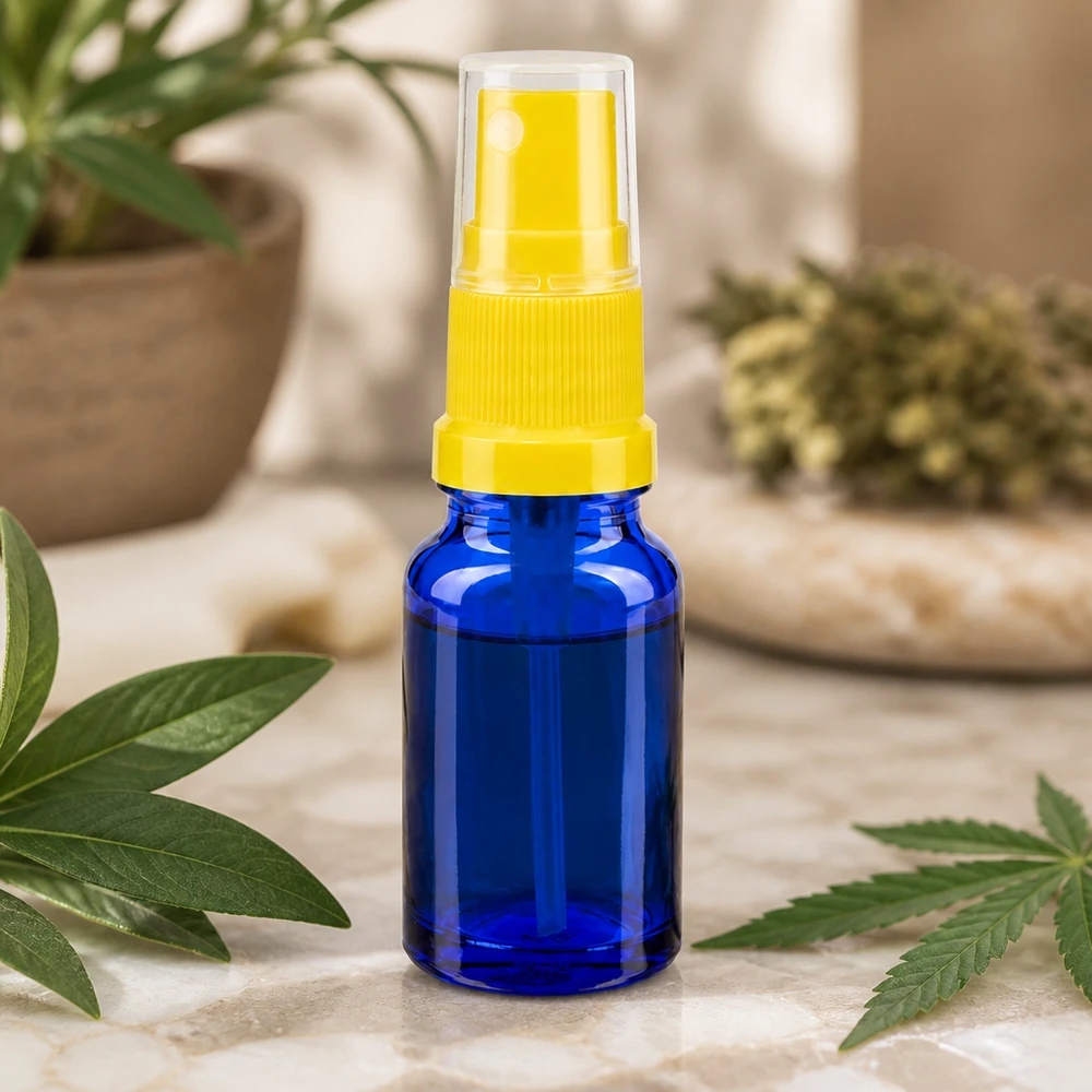 10ml lahvička s rozprašovačem žlutá/transparentní standardní uzávěr BlueLine UT18/10 Robuste 10ml Glasflasche mit Sprühaufsatz gelb für mobile Anwendung BlueLine UT18 10