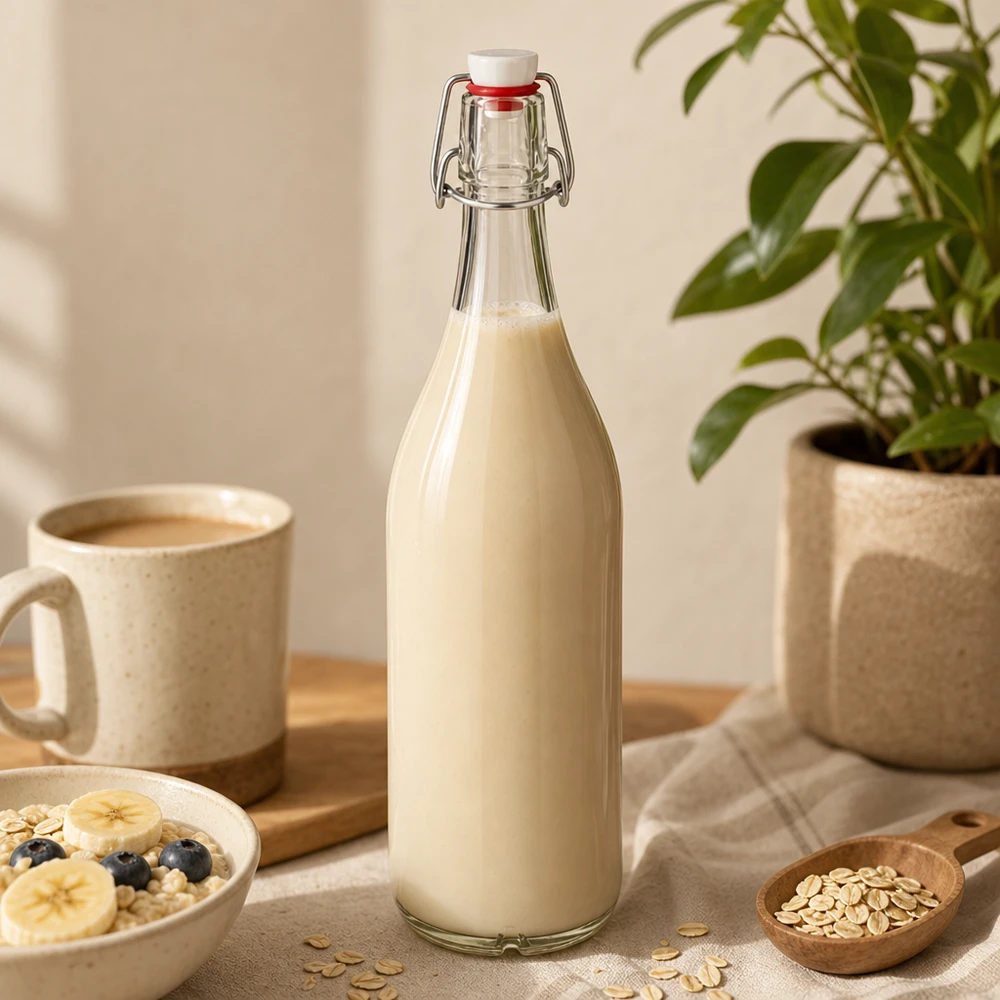1000ml skleněná láhev + otočný vršek PVC UNiTWIST 1000ml Glasflasche mit Bügelverschluss gefüllt mit Hafermilch auf Holztisch neben Kaffeetasse und Haferflocken