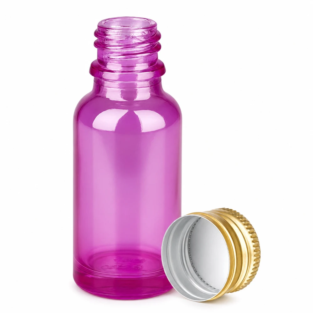 Mini-Glasflasche 20ml in leuchtendem Lila mit UV-Schutz und Metallverschluss Gold