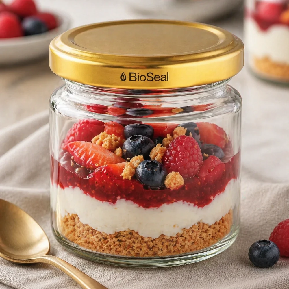 Kulatá dóza o objemu 53 ml se zlatým víčkem UNiTWIST BioSeal. UNiTWIST Runda53 mit goldenem TO43 BioSeal Deckel als Dessertglas für Beeren-Joghurt-Schichtdessert mit Keksboden