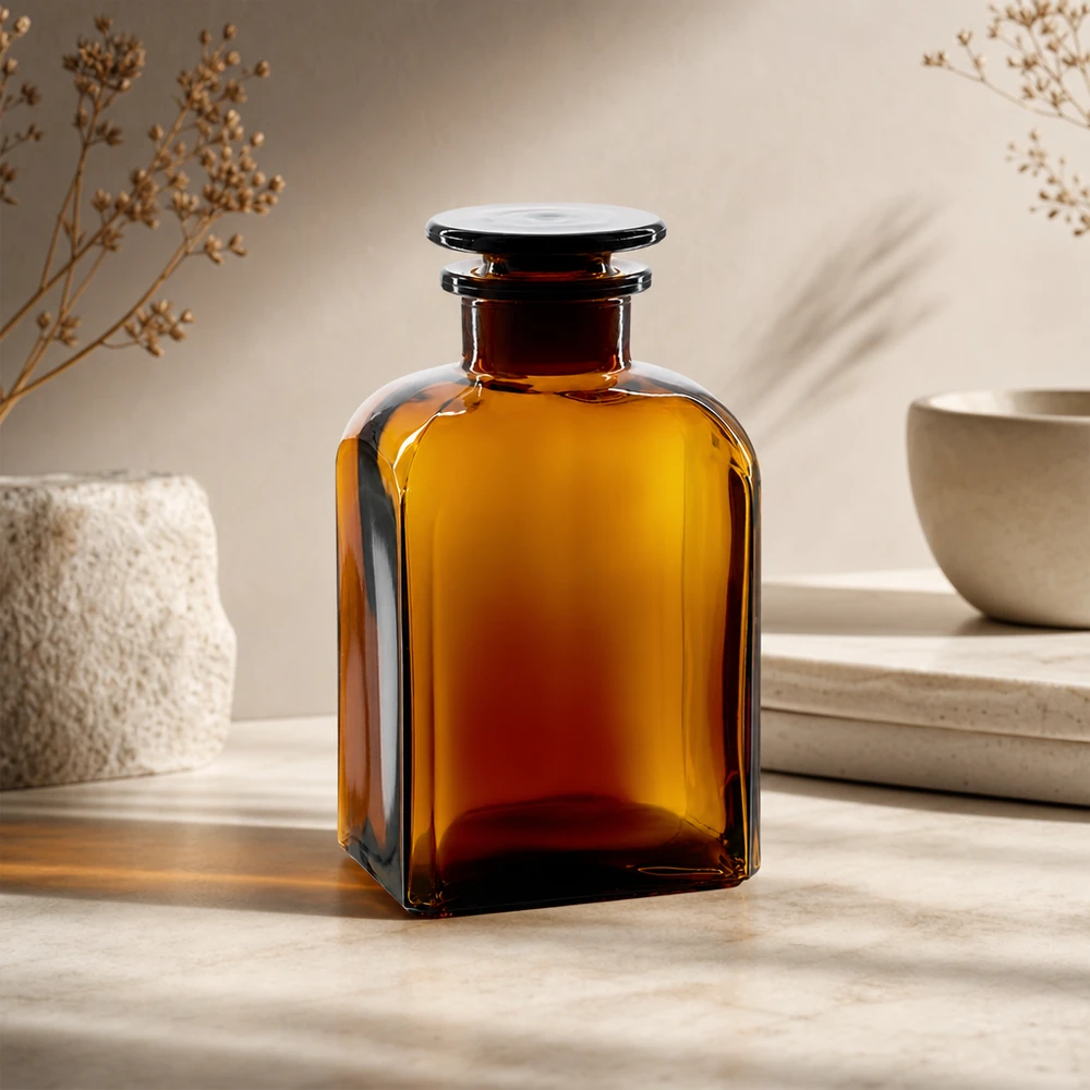 Hranatá láhev 500ml hnědá se širokým hrdlem skleněná zátka Lichtschutzflasche 500ml Weithals Braunglas mit Glasstopfen für Naturprodukte