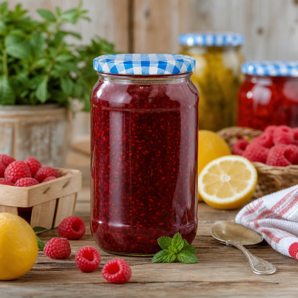 1062ml Rundglas mit Himbeermarmelade gefüllt, BasicSeal Deckel blau-weiß, perfekt für hausgemachte Konfitüre und Fruchta