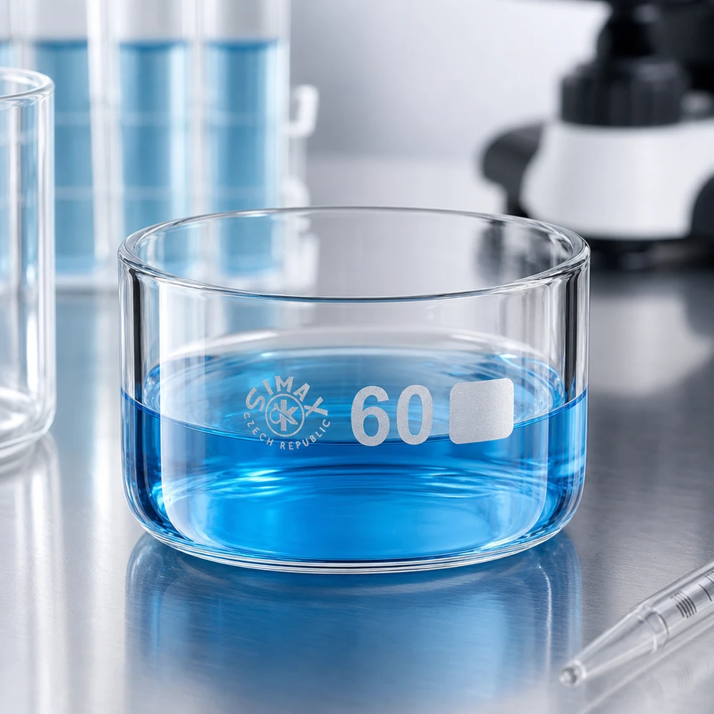 60ml krystalizační miska bez výlevky borosilikátová ø60mm Borosilikatglas Verdunstungsschale 60ml mit blauer Flüssigkeit für chemische Analyse