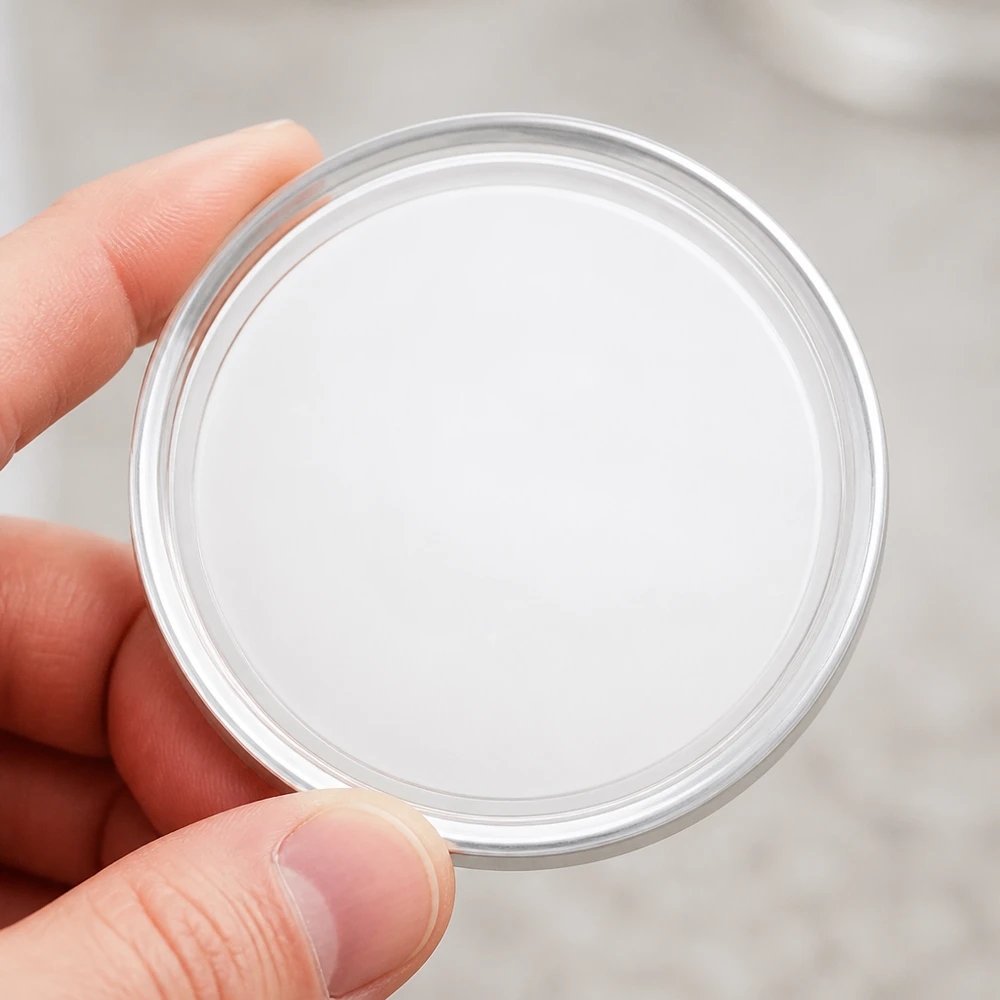 58mm víko BasicSeal bílé (TO58) UNiTWIST Detailní záběr víčka BasicSeal 58 mm, bílé, TO58 UniTwist se stříbrným okrajem a hladkým povrchem