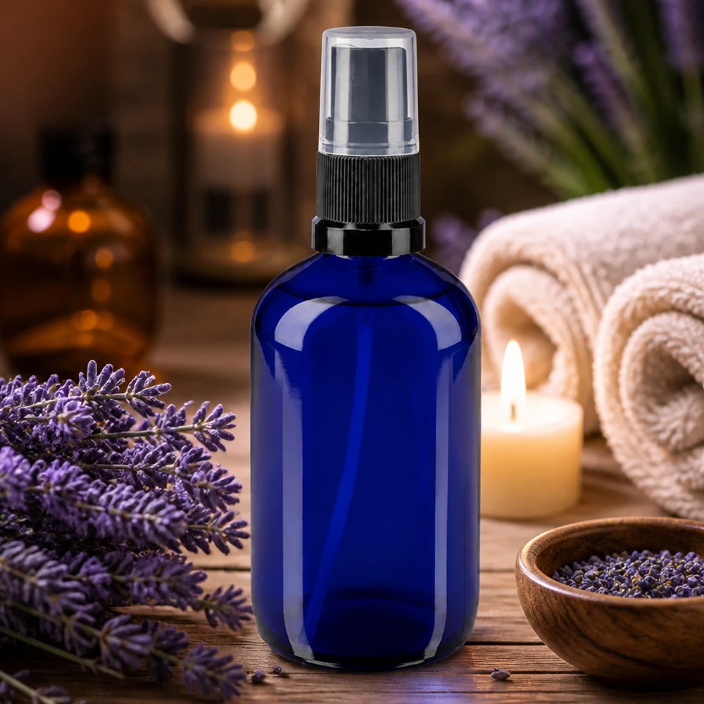 Lékárenská lahvička modrá 100ml rozprašovací víčko černá Kleine blaue Glassprayflasche 100ml UV-Schutzglas mit schwarzem Pumpkopf