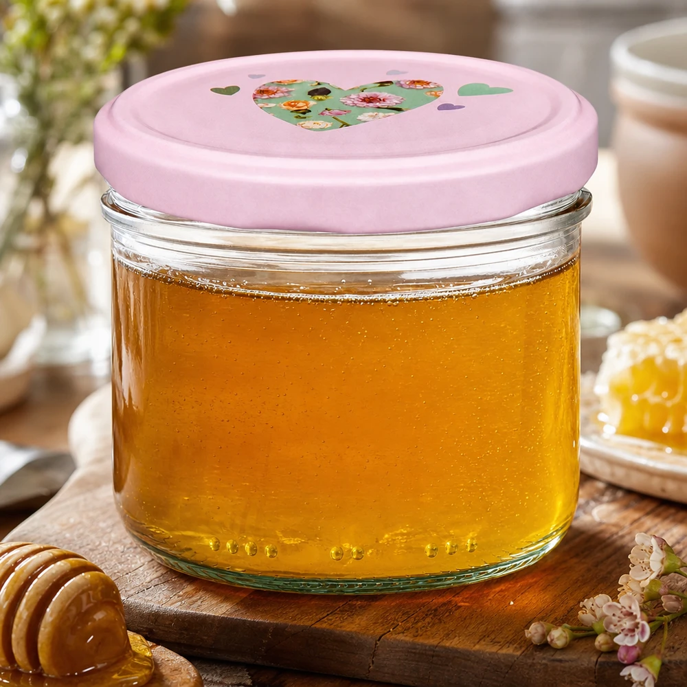 230ml Zylinderglas mit rosa Herz-Deckel gefüllt mit goldgelbem Honig, Honigglas auf Holzbrett mit Honiglöffel