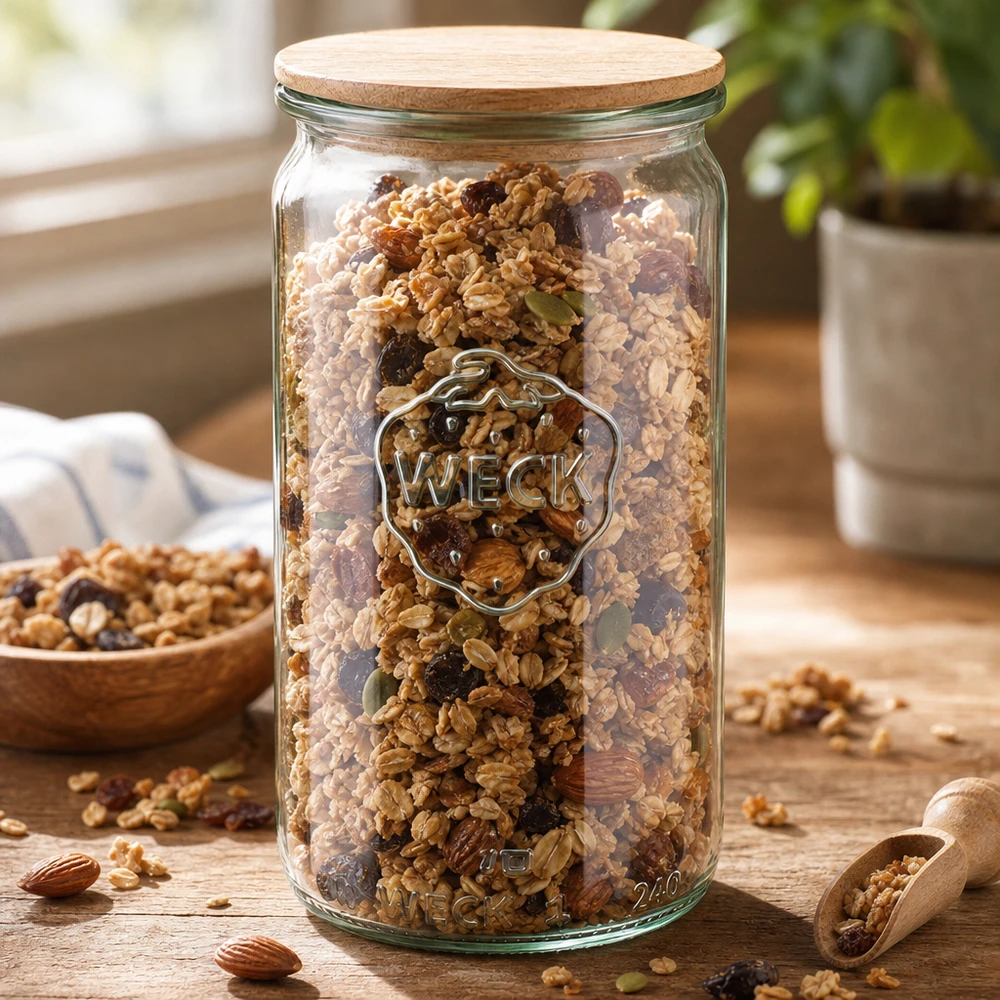 340ml válcová sklenice WECK RR60 s dřevěným víčkem buk. WECK Zylinderglas 340ml RR60 gefüllt mit Müsli und Nüssen als Vorratsglas mit Holzdeckel auf Küchentheke