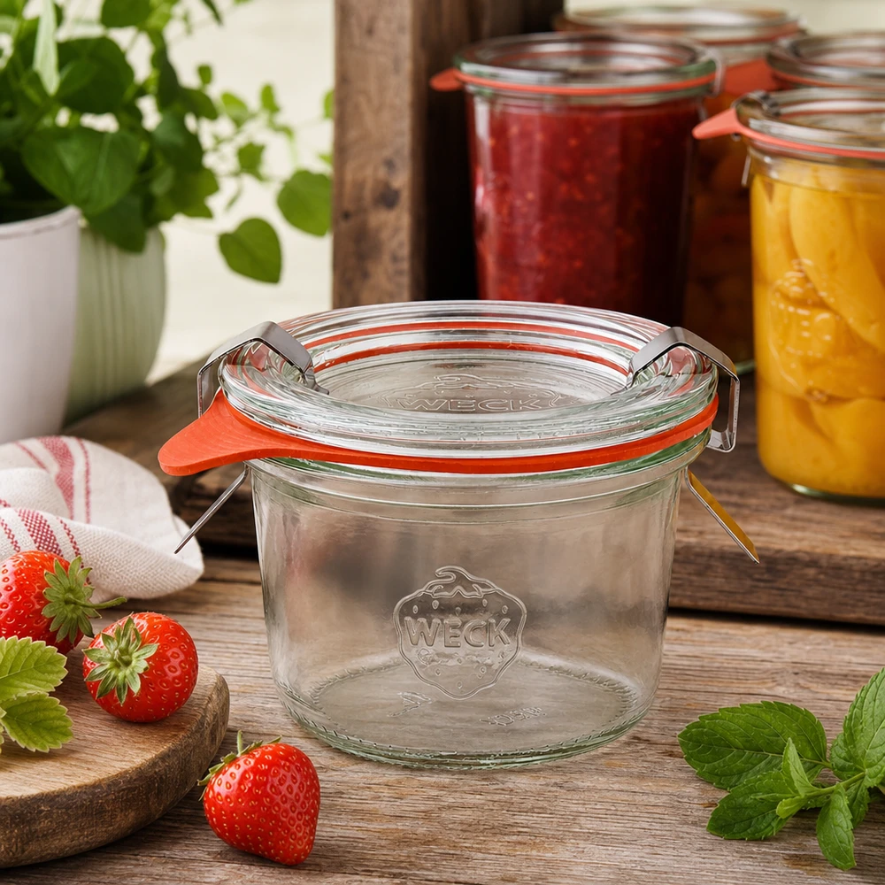WECK Sturzglas 80ml RR60 in rustikaler Küche mit Erdbeeren und Einmachgläsern mit Marmelade im Hintergrund