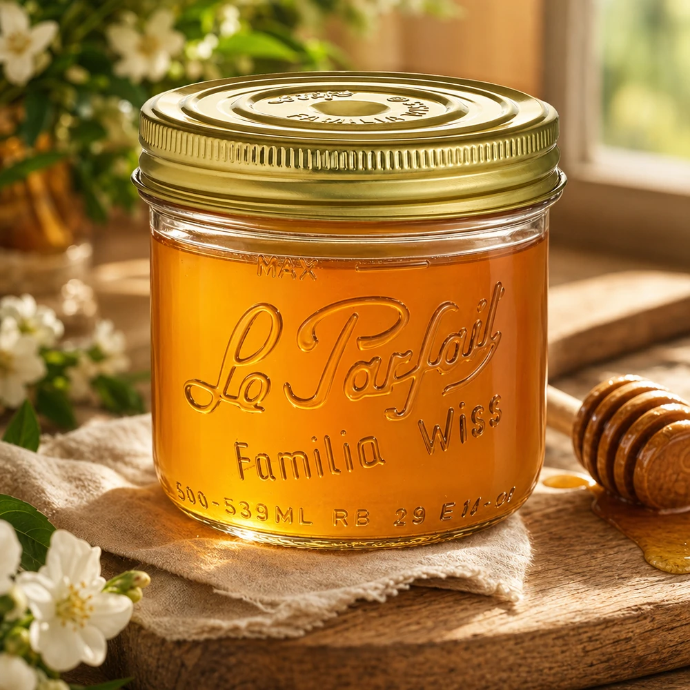 539ml Sturzglas "Familia Wiss" 2-teiliges Deckelsystem Le Pa 539ml Sturzglas Familia Wiss mit goldenem Deckel gefüllt mit Honig auf Holztisch mit Honiglöffel und Blumen