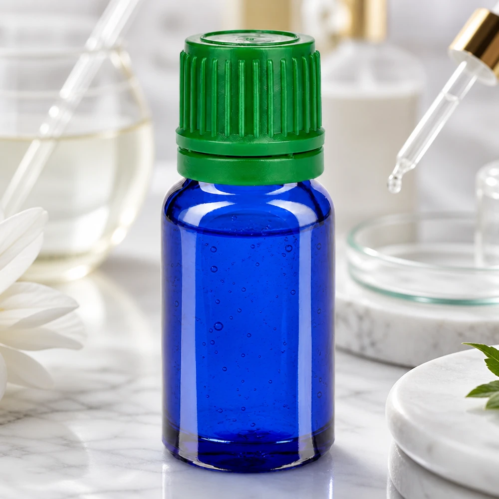 10ml lahvička 11mm šroubovací uzávěr zelená BlueLine UT18/10. Robuste 10ml Glasflasche mit dickwandigem blauen Korpus und stabilem grünen Verschluss für den Dauereinsatz