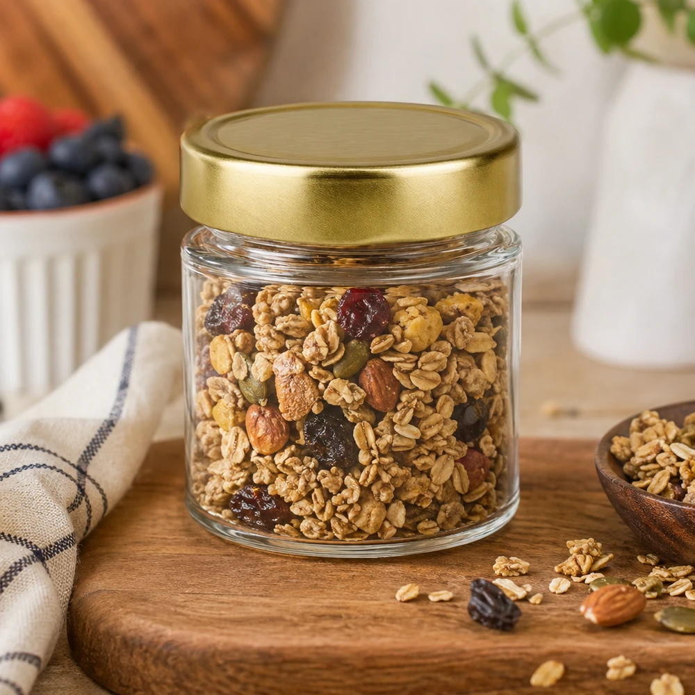 154ml kulatá sklenice s víčkem BasicSeal zlatá hluboká UNiTWIST 154ml Rundglas BasicSeal gold gefüllt mit Nussmischung Walnüsse Mandeln Rosinen Müsli Granola Holztisch Küche