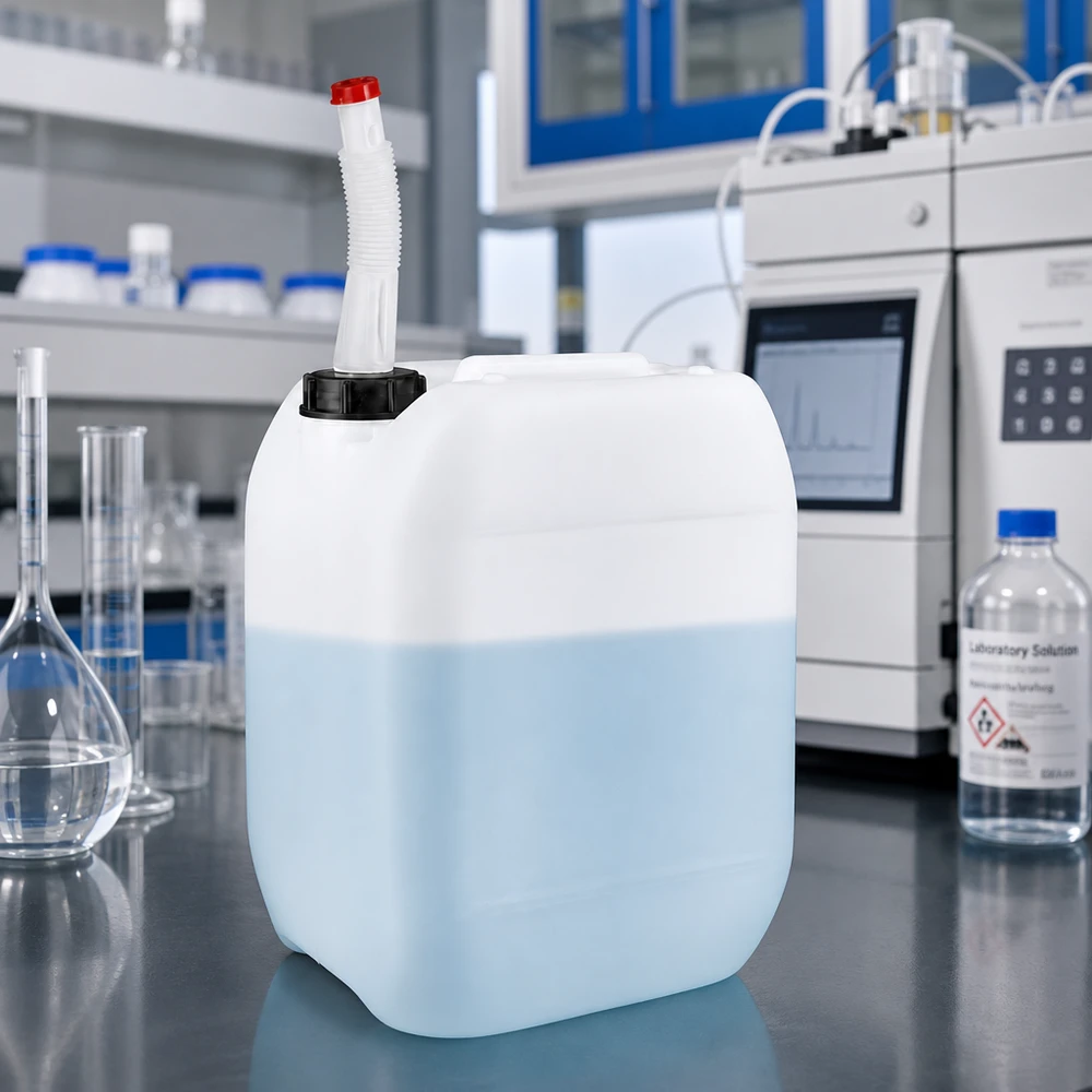 Kanystr o objemu 10 litrů s výpustnou trubkou Flex Rechteckiger 10 L Kanister mit biegsamem Auslaufrohr und roter Schutzkappe für Laborchemikalien