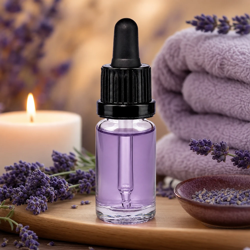 10ml pipetovací láhev černá s tamper-evidentním uzávěrem ClearLine UT18/10 Kleine Glasflasche mit Tropfpipette 10ml schwarzer Kappe und lila Öl für Kosmetikanwendungen