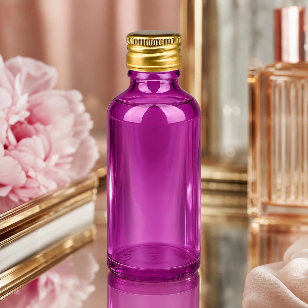 PurpleLine 50ml lahvička 11mm šroubovací uzávěr hliníkový zlatý standard. UT18/50 Funktionale 50ml Violettglas-Flasche mit 11mm Öffnung und robustem Alu-Gold Verschluss für den Alltag